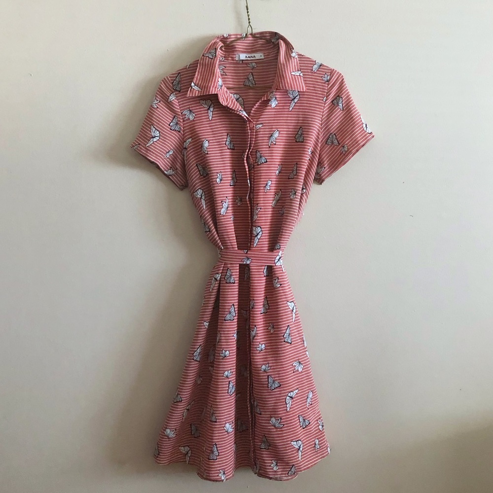 3/$12 Kama Butterfly Print Button Up Fit & Flare Shirt Waist Dress